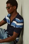 Shop Reiss Navy Alberz Knitted Zig-zag Cuban Collar Shirt