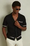 Reiss Black Open-stitch Cuban Collar Shirt In Black