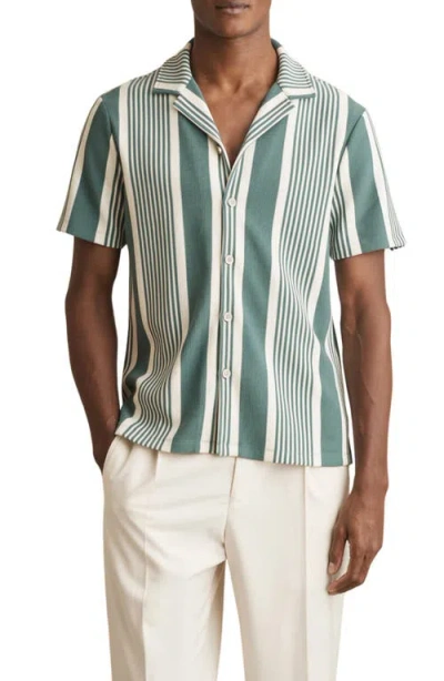Reiss Alcazar Stripe Rib Knit Camp Shirt In Green