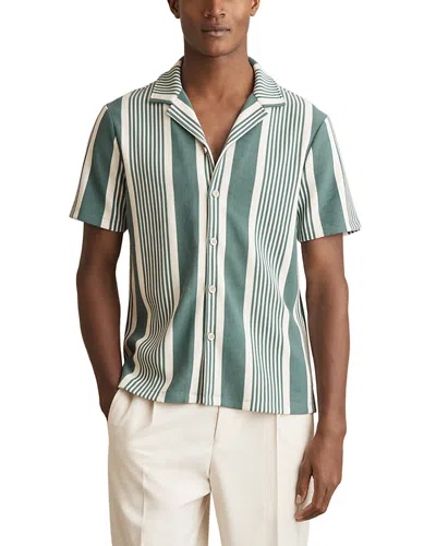 Reiss Alcazar Stripe Ribbed Cuban Shirt In Sage/white