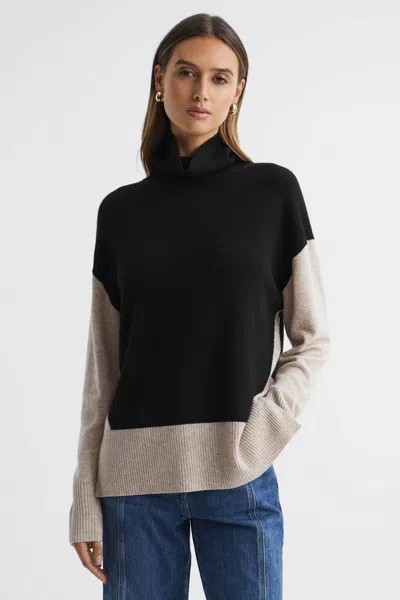 Reiss Stone/black Wool Blend Roll Neck Jumper