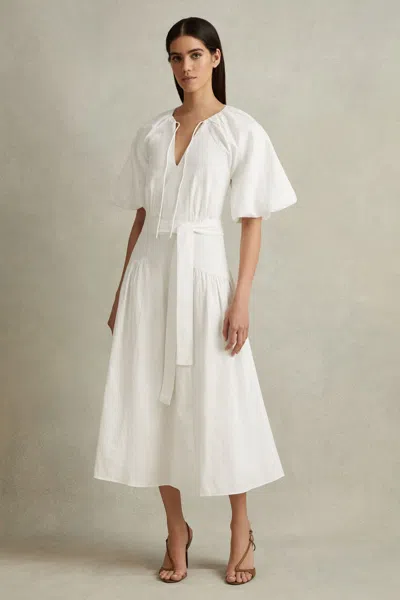 Reiss White Petite Lyocell Blend Puff Sleeve Midi Dress