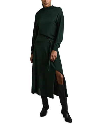 Reiss Alina Belted Knit Woven Dress In Dark Green