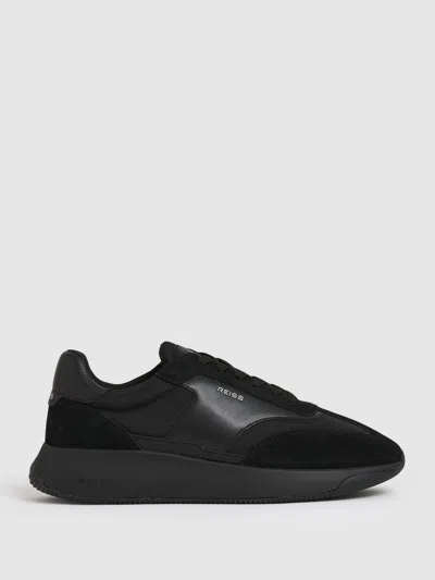 Reiss All Black Leather Suede Running Trainers