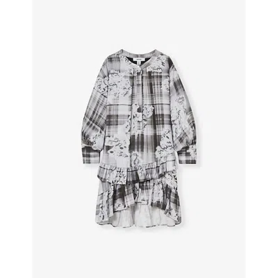 Reiss Kids' Alodie Floral-check Woven Dress 4-9 In Grey