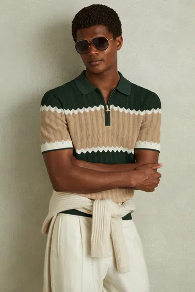 Reiss Forest Green/light Camel Alton Knitted Zig-zag Half-zip Polo Shirt