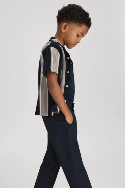 Reiss Kids' Alton - Navy/stone Senior Ribbed Cuban Collar Shirt, Uk 12-13 Yrs