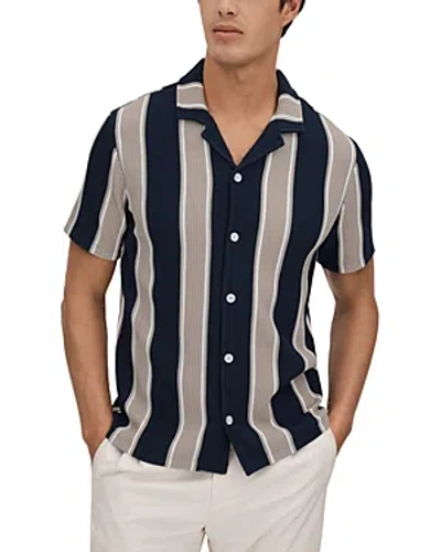 Reiss Alton - Navy/camel Slim Fit Ribbed Cuban Collar Shirt, Xxl