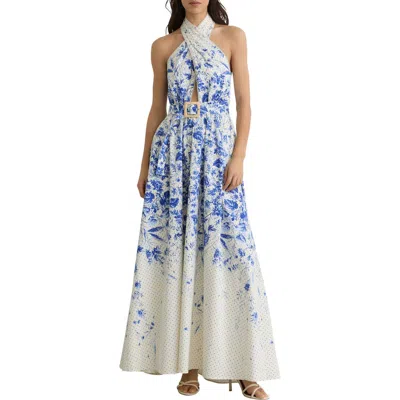 Reiss Womens Ivory Blue Amaya Floral-print Stretch-cotton Maxi Dress