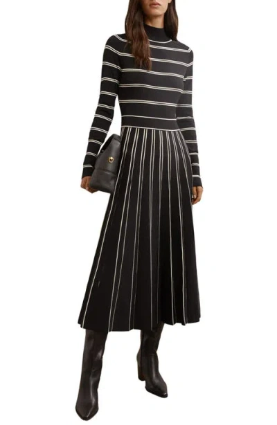 Reiss Amber Stripe Pleated Long Sleeve Midi Dress In Black
