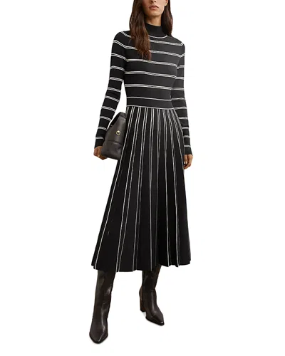 Reiss Amber Stripe Pleated Long Sleeve Midi Dress In Black