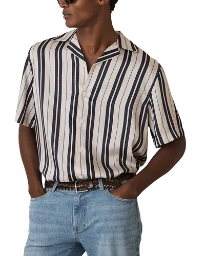 Reiss Amos Wide Stripe Print Cuban Shirt In White/navy