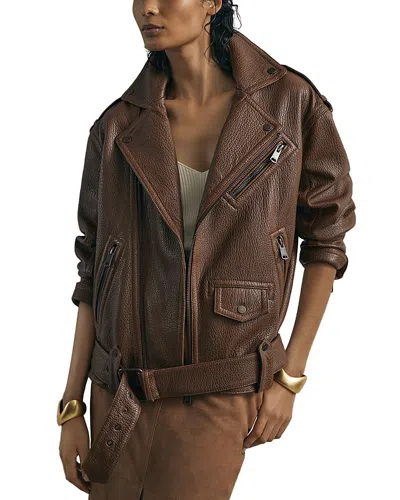 Reiss Andes Oversized Leather Jacket In Brown