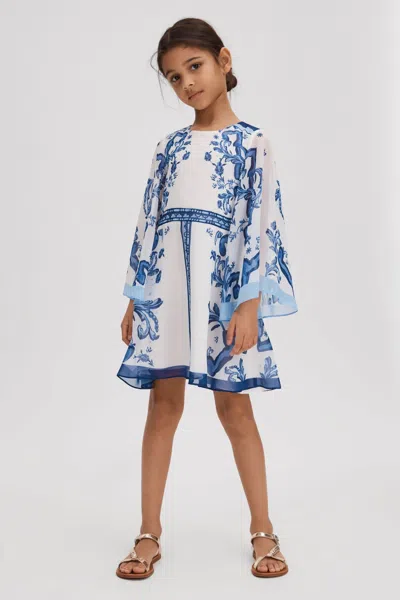 Reiss Kids' Andra - Blue Print Junior Tile Print Flare Sleeve Dress, Age 8-9 Years