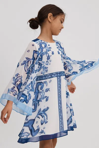 Reiss Kids' Andra - Blue Print Senior Tile Print Flare Sleeve Dress, 12