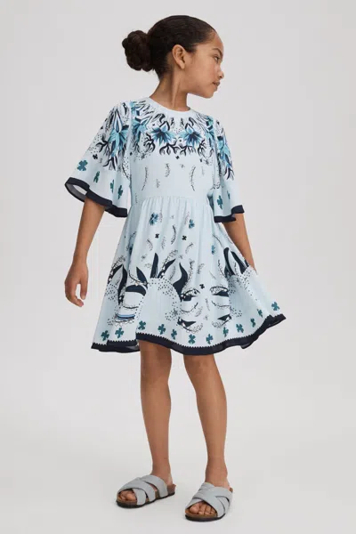 Reiss Ania Graphic-print Flared-skirt Woven Mini Dress 4-14 Years In Blue