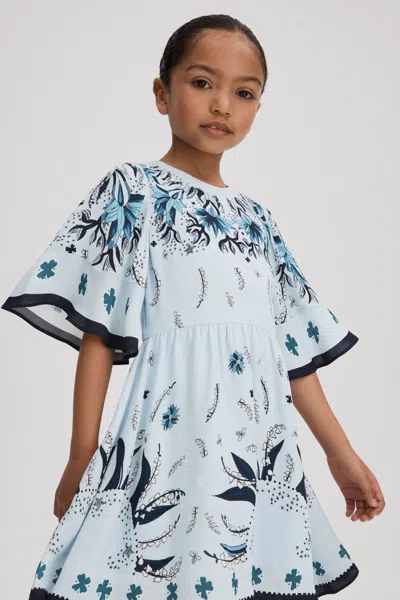 Reiss Ania - Blue Senior Printed Flared Sleeve Dress, Uk 9-10 Yrs