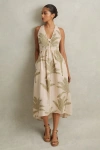 Reiss Neutral/green Anna 100% Linen Tropical Print Midi Dress In Neutral/green