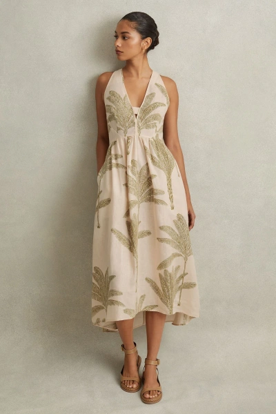 Reiss Anna - Neutral/green Linen Tropical Print Midi Dress, Us 2