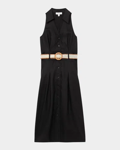 REISS ANNIE PLEATED BUTTON-DOWN LINEN MIDI DRESS