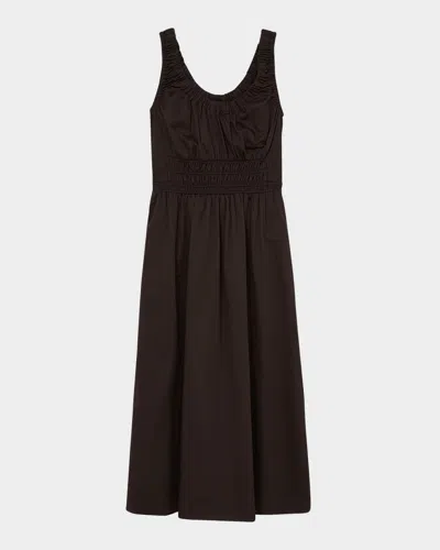 Reiss Anouk Embroidered Shirred Cotton Midi Dress In Brown