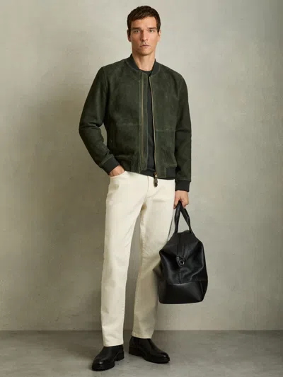 Reiss Antique Dark Forest Green Block Leather-sleeve Suede Brick Bomber Jacket