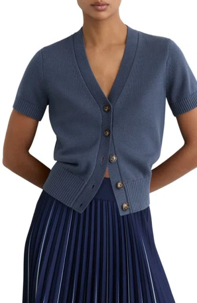 Reiss Anya Short Sleeve Cotton & Wool Cardigan In Blue
