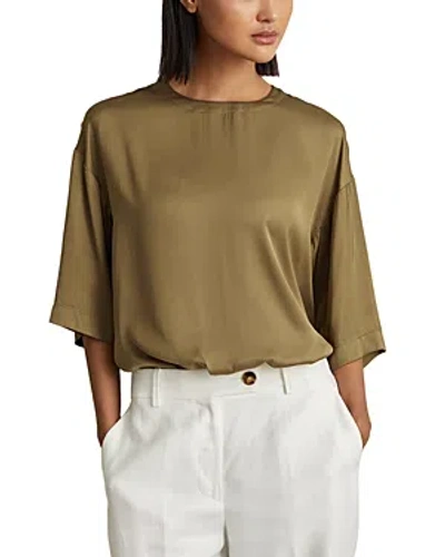 Reiss Womens Khaki Anya Round-neck Relaxed-fit Satin Blouse