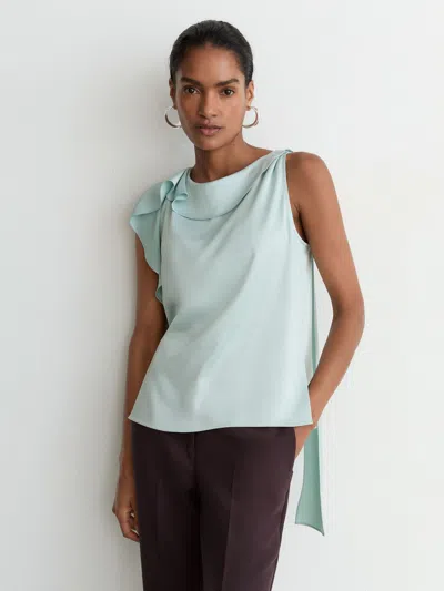 Reiss Aqua Blue Satin Sleeveless Frill-detail Top