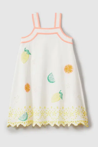 Reiss Arabella - Ivory Print Junior Cotton Linen Broderie Dress, Age 5-6 Years
