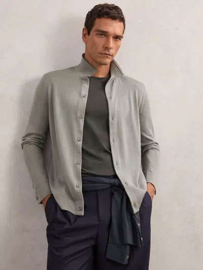 Reiss Archer Green Merino Wool Button-through Cardigan In Gray