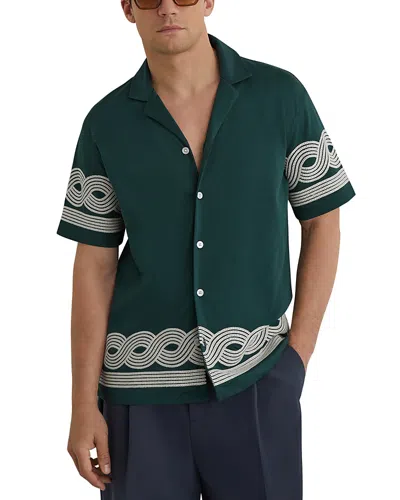 Reiss Mens Soft Sage Green Arden Embroidered-trim Cotton-blend Shirt
