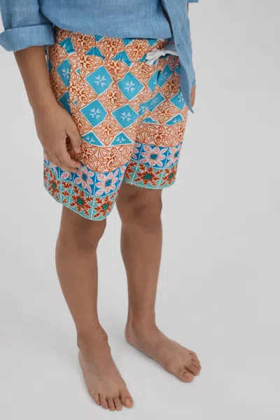 Reiss Kids' Arizona - Orange Multi Floral Tile Print Drawstring Swim Shorts, Uk 12-13 Yrs