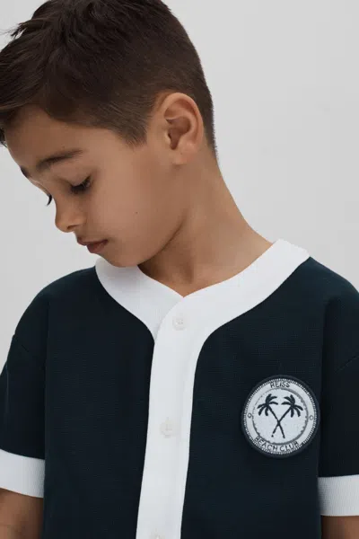 Reiss Kids' Ark - Navy/white Junior Textured Cotton Baseball Shirt, Age 8-9 Years