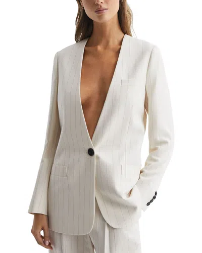 Reiss Arleth Pinstripe Collarless Linen-blend Jacket In White