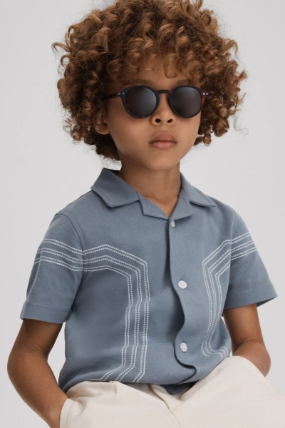 Reiss Kids' Arlington - Airforce Blue Senior Cotton Embroidered Cuban Collar Shirt, Uk 9-10 Yrs