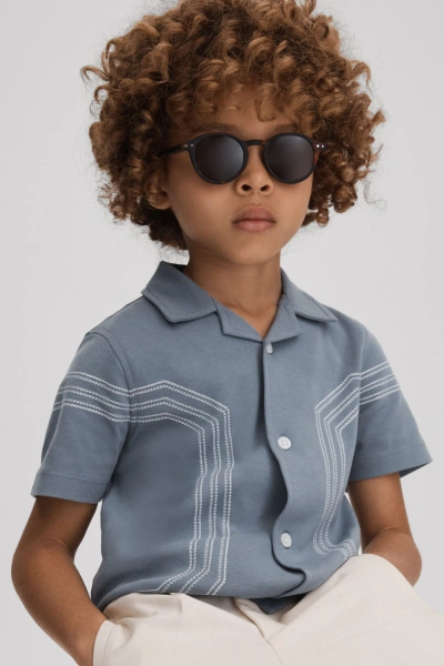 Reiss Kids' Airforce Blue Senior Cotton Embroidered Cuban Collar Shirt