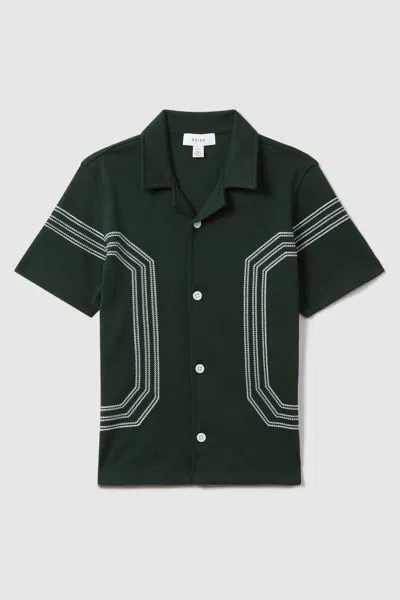 Reiss Arlington - Green Junior Cotton Embroidered Cuban Collar Shirt, Uk 7-8 Yrs