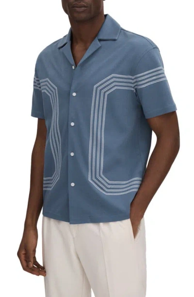 Reiss Arlington - Airforce Blue Mercerised Cotton Embroidered Shirt, Xxl
