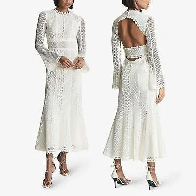 Pre-owned Reiss Aspen Heavy Lace Midi Dress Sz 8 In White Bell Sleeves Cut-out Back