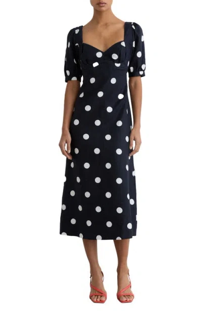 Reiss Astrid Polka Dot Puff Sleeve Open Back Linen Midi Dress In Black