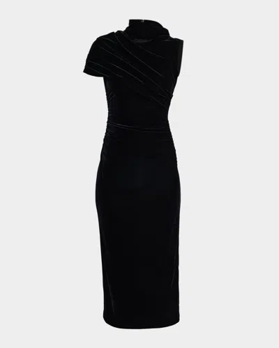 Reiss Asymmetric Draped-neck Ruched Midi Dress In Black