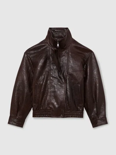 Reiss Aubergine Textured Leather Oversized Jacket In Burgundy