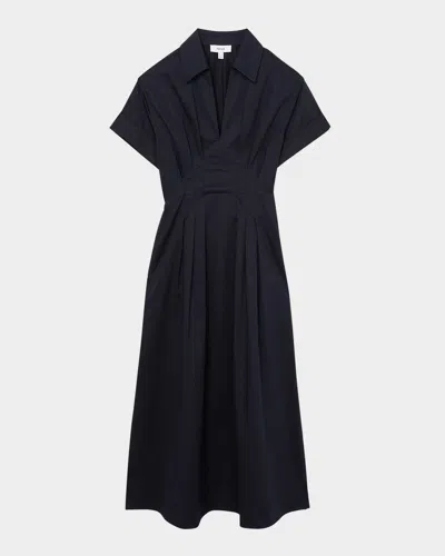 Reiss Aubrey Pleated A-line Cotton Midi Shirtdress In Navy