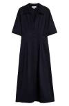 Reiss Aubrey Pleated A-line Cotton Midi Shirtdress In Navy