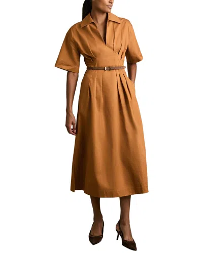 Reiss Aubrey Pleated A-line Cotton Midi Shirtdress In Rust