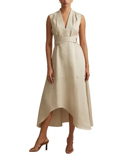 Reiss Ava Linen-blend Linen Belt Detail Midi Dress In Yellow