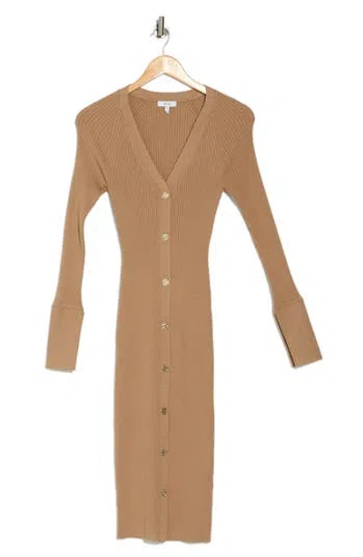 Reiss Avery Long Sleeve Button-down Rib Knit Dress In Camel