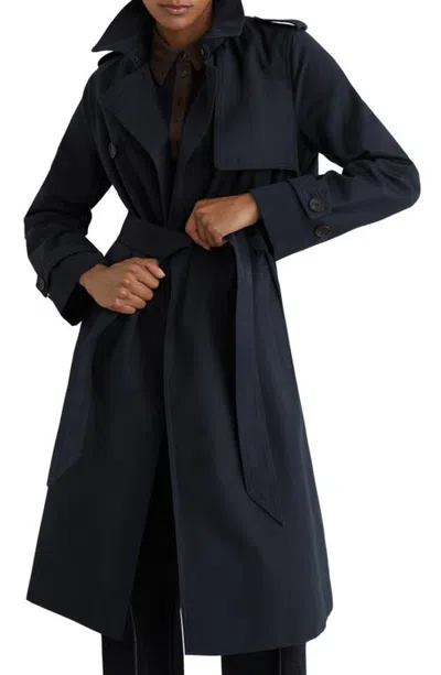 Reiss Azura Trench Coat With Removable Quilted Hood In Blue