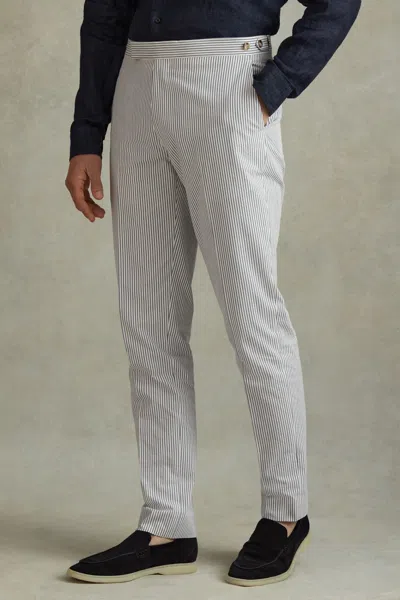 Reiss Soft Blue/white Cotton Seersucker Adjuster Slim Fit Trousers